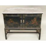 SIDE CABINET, early 20th century lacquered with gilt Chinoiserie style decoration with two doors