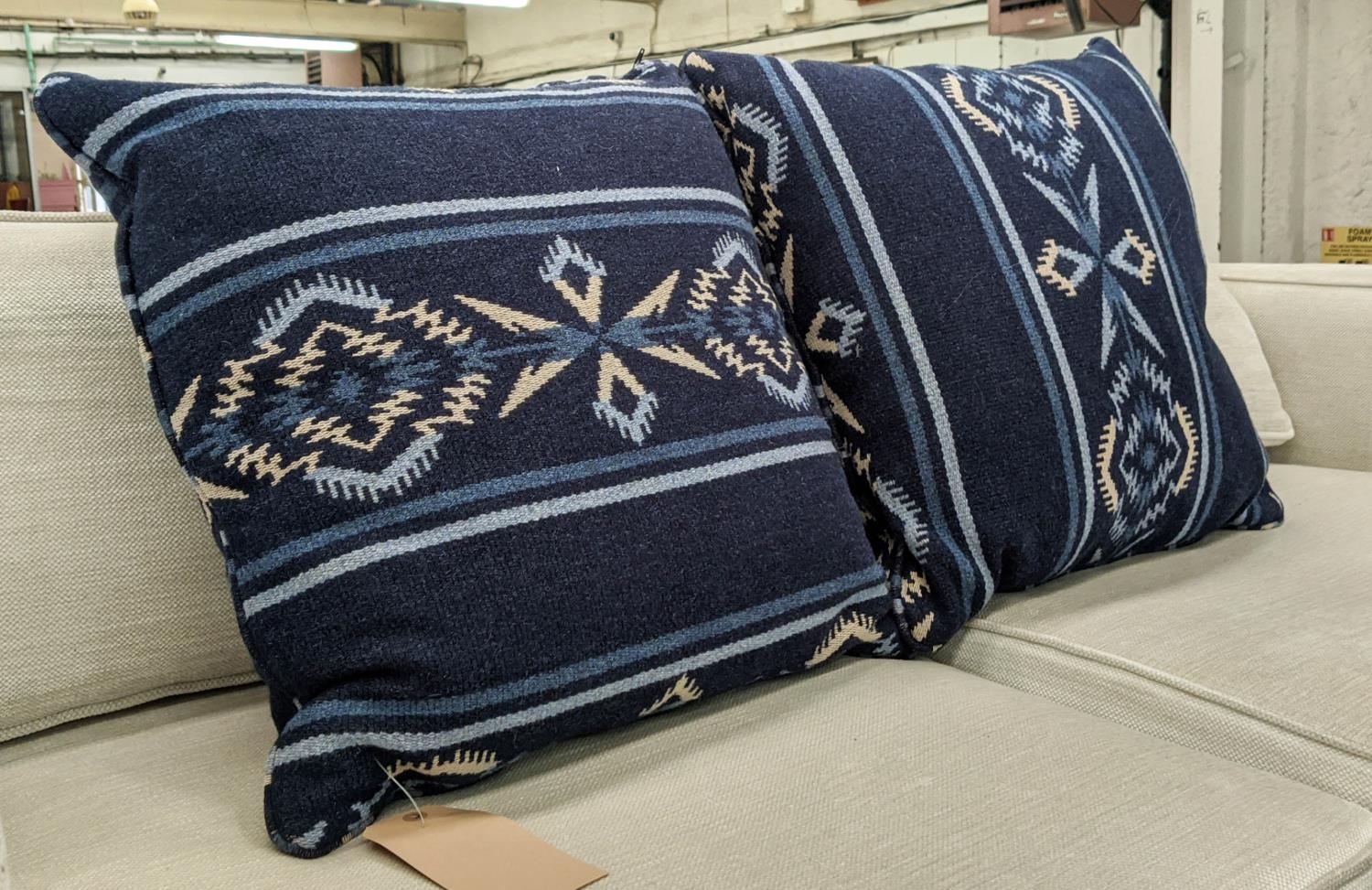 CUSHIONS, a pair, Moroccan style blue patterned fabric, 53cm x 53cm. (2) - Image 2 of 4