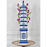 DELFTWARE STYLE PAGODA TULIP VASE, 90cm H x 19cm W.