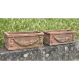 GARDEN PLANTERS/WINDOW BOXES, a pair, weathered terracotta rectangular with swag decoration, 51cm