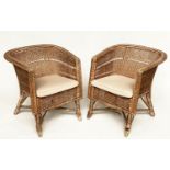 ARMCHAIRS, a pair, 1930s bamboo and rattan framed woven and cane bound each with cushion, 65cm W. (
