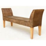 WINDOW SEAT, woven cane rectangular with upstands and tapering supports, 148cm W x 70cm H x 39cm D.