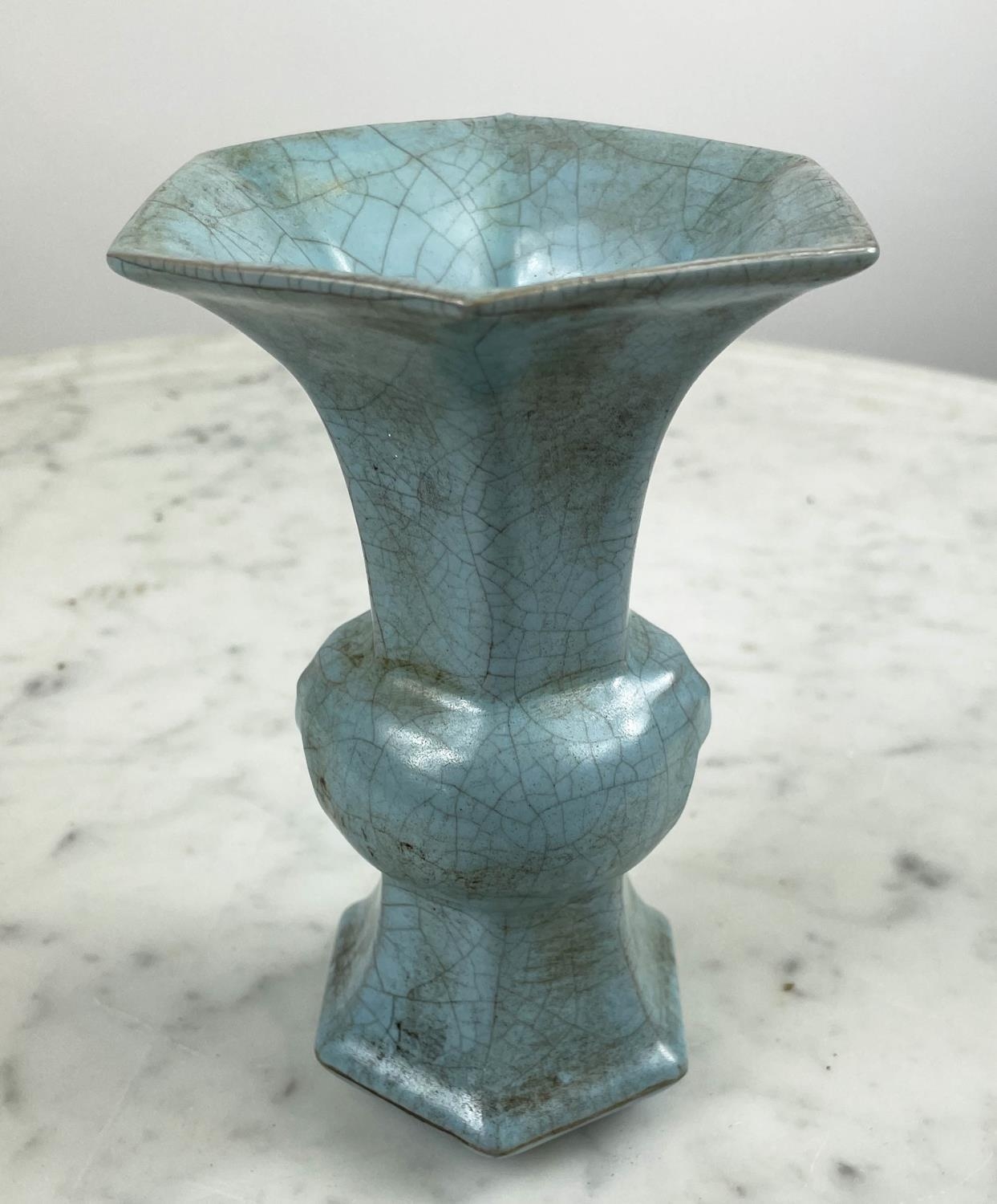 CHINESE LONGQUAN CELEDON CRACKLE GLAZED GU VASE, hexagonal form, 17cm H x 11cm. - Image 5 of 5