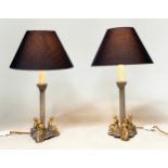 TABLE LAMPS, a pair, each with silvered fluted column and gilded Neo Classical triform base with
