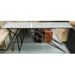 CONSOLE TABLE, 180cm x 40cm x 87cm, marble top on bronzed metal base.