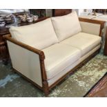 WESLEY-BARRELL SOFA, beech framed, French style, cream upholstery with motif patterns, scrolled