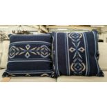 CUSHIONS, a pair, Moroccan style blue patterned fabric, 53cm x 53cm. (2)