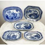 STAFFORDSHIRE BLUE AND WHITE TRANSFERWARE, mostly willow pattern, including five serving trays,