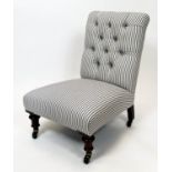 SLIPPER CHAIR. 74cm H x 53cm W, Victorian mahogany in ticking with ceramic castors.