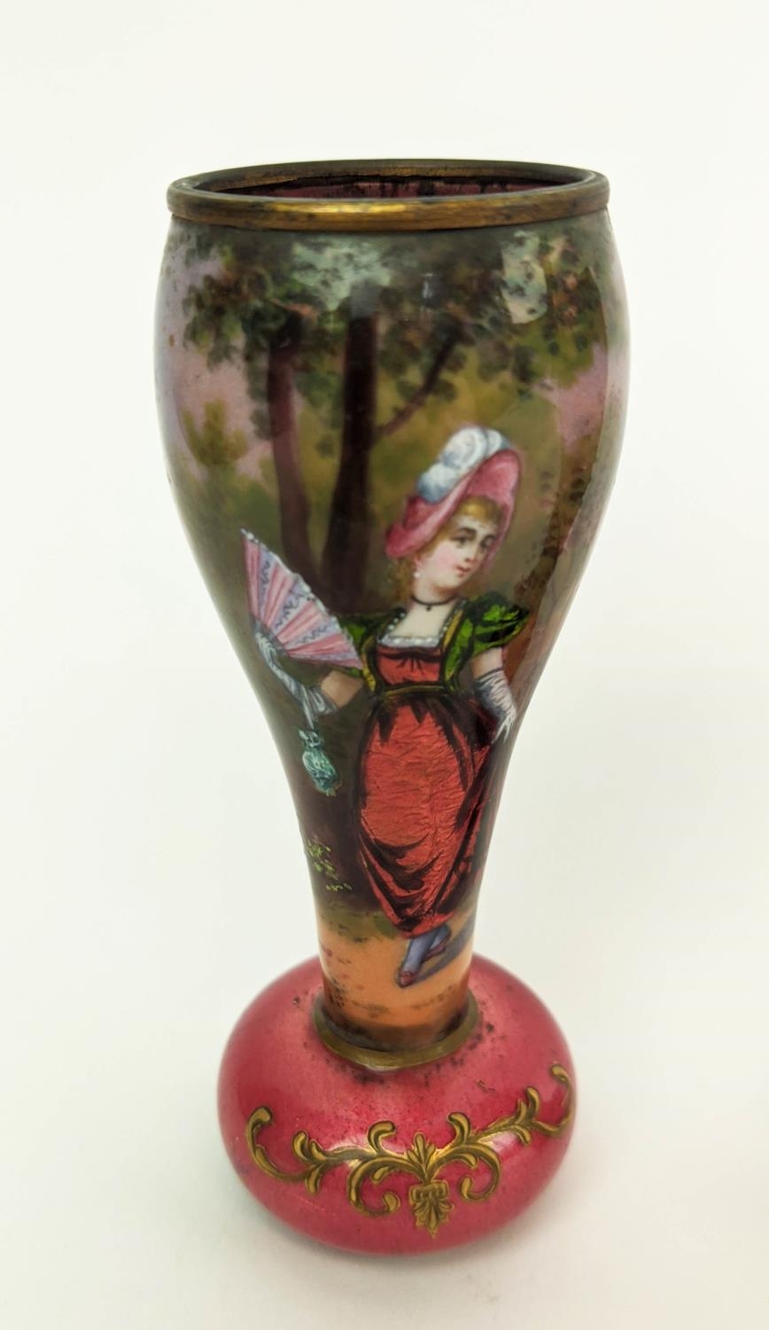 ENAMELLED MINIATURE VASES, a pair, 11cm H one of a Lady, the other of a Gentleman. (2) - Image 5 of 10