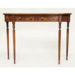 HALL TABLE, George III design burr walnut and crossbanded with two frieze drawers and turned