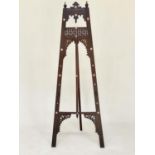 EASEL, antique moorish carved hardwood and mother of pearl, ebonised and bone inset, adjustable,