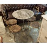 GARDEN TABLE, 74cm H x 74cm W, shabby chic iron with circular wood top and a set of four iron