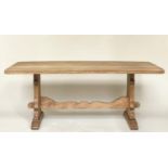 REFECTORY TABLE, rectangular solid planked oak on pierced trestle ends united by a shaped stretcher,