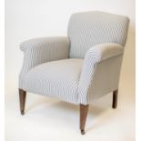 ARMCHAIR, 86cm H x 77cm W, Edwardian in ticking upholstery with ceramic front castors.