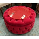 CIRCULAR BUTTONED FOOTSTOOL, 70cm W x 38cm H, red buttoned velvet with an optional red glass