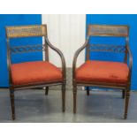 OPEN ARMCHAIRS, pair, Regency design, mahogany, canework backs, lattice crossbars, red upholstered