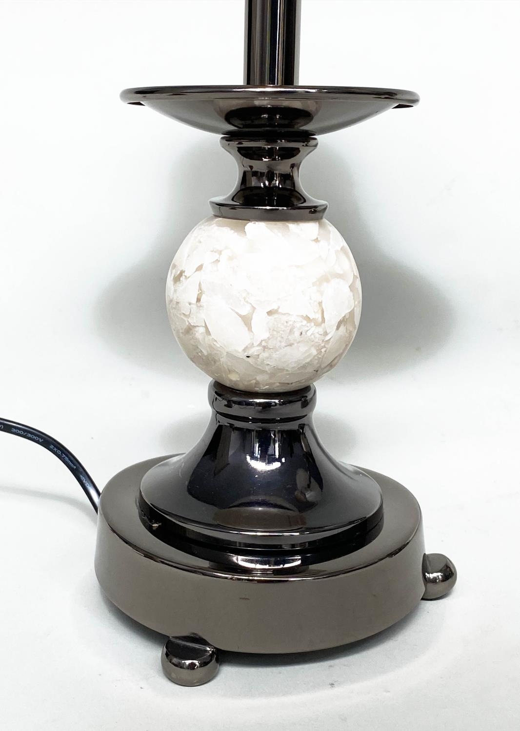 TABLE LAMPS, a pair, with chrome columns and a reconstituted marble spheres (with shades), 60cm - Image 2 of 6