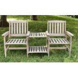 CONVERSATION GARDEN SEAT, weathered slatted teak with two armchairs and conjoining two tier table,