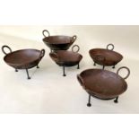 INDIAN STYLE KADAI FIRE BOWLS ON STANDS, a set of five, 46cm diam. at largest, of various sizes. (5)