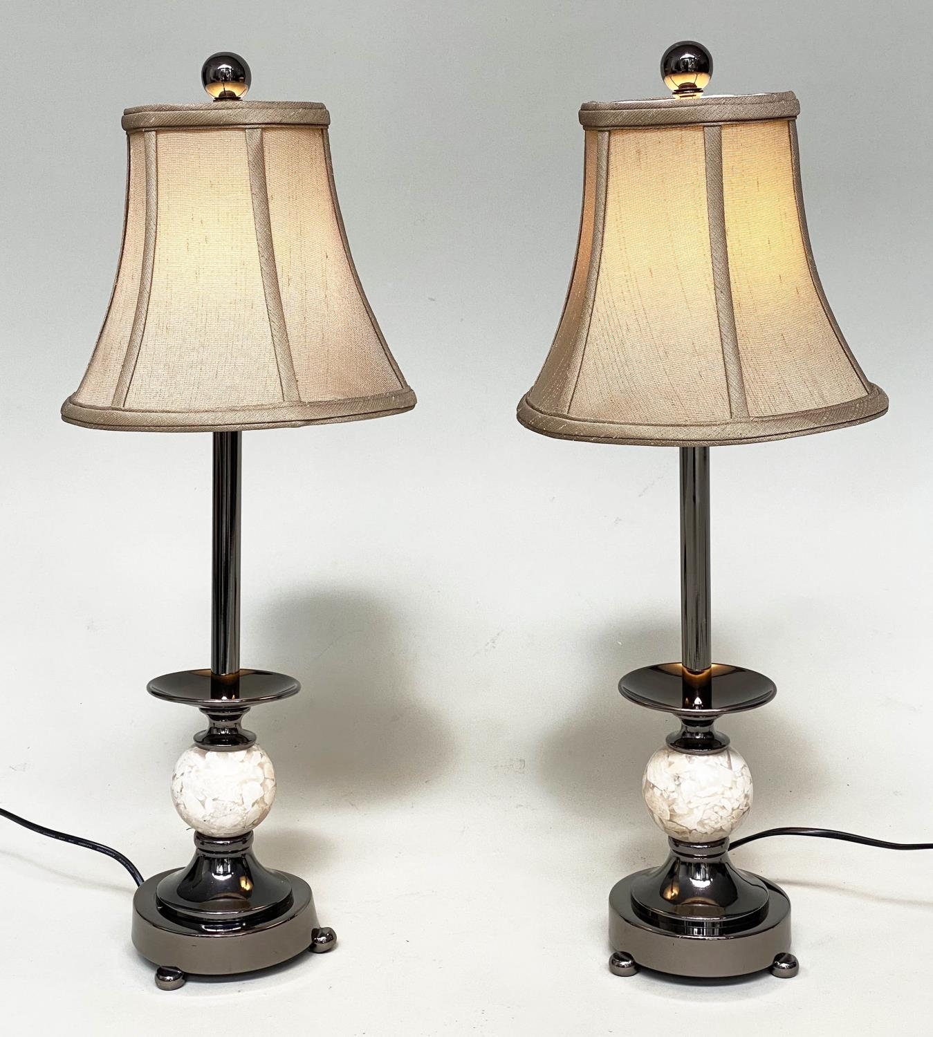 TABLE LAMPS, a pair, with chrome columns and a reconstituted marble spheres (with shades), 60cm - Image 6 of 6
