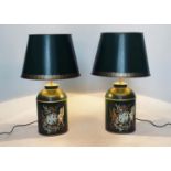 CANISTER LAMPS, a pair, antique style toleware, tea canister form each with royal coat of arms and