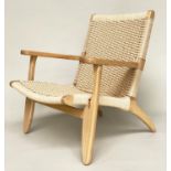 LOUNGE ARMCHAIR, CH25 after Hans J Wegner, ash framed and rush woven back and seat, 70cm W.