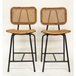 BAR STOOLS, a pair, rattan framed and cane panelled on tubular metal support by 'SATELLIET', 103cm H