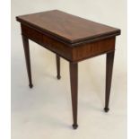 TEA TABLE, George III flame mahogany and crossbanded, rectangular foldover and satinwood oval