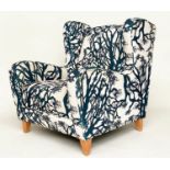 WINGBACK ARMCHAIR, blue/cream'tree', upholstery with tapering beech supports, 77cm W.