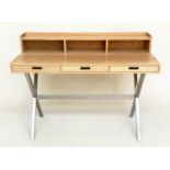 DESK, contemporary oak with superstructure cubby holes and three frieze drawers on x steel supports,