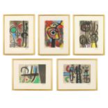 JOAN MIRO, a set of five signed in the plate, abstract pochoirs, stamped signature, numbered edition