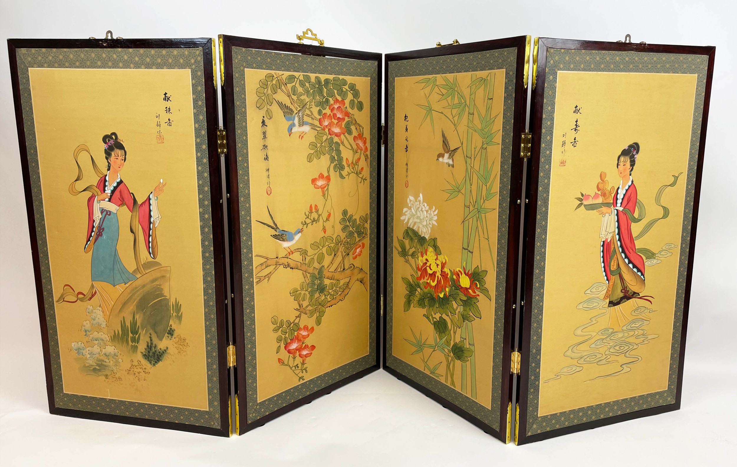 FOUR FOLD CHINESE SCREEN, handpainted on silk with figures bamboo and birds with two matching