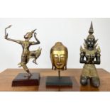 THAI FIGURES, bronze Prince Rama dancer and a kneeling teppanom along with a Buddha head all with