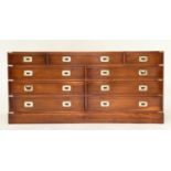 CAMPAIGN STYLE LOW CHEST, yewwood and brass bound with nine drawers, 150cm x 43cm x 70cm H.