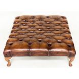 CENTRE STOOL, 31cm H x 90cm x 90cm, large deep buttoned tan brown leather, brass studded and with