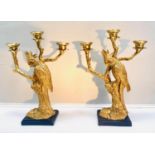 PARROT CANDELABRA, a pair, 47cm high, 33cm wide, 14cm deep, each three branch gilt finish. (2)