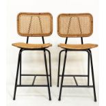 BAR STOOLS, a pair, rattan framed and cane panelled on tubular meta support by 'Satelliet', 103cm