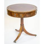 DRUM TABLE, 68cm H x 61cm D, Regency design mahogany with red leather top and four drawers.