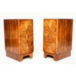 ART DECO BEDSIDE CHESTS, a pair, walnut each with three drawers, 30cm W x 46cm D x 67cm H. (2)