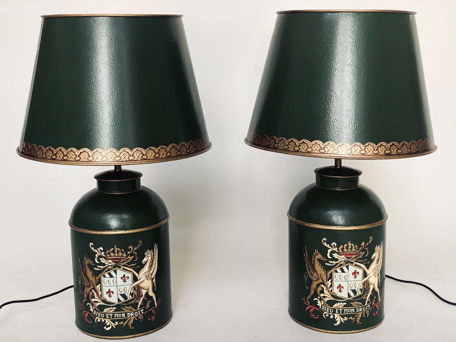 CANISTER LAMPS, a pair, antique style toleware, tea canister form each with royal coat of arms and - Image 3 of 5