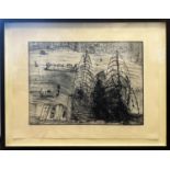 JOHN OLSEN, 'Foggy morning, Sydney Opera House', etching and lithograph, 44cm x 59cm, framed.