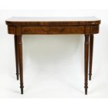 CARD TABLE, George III period mahogany and satinwood banded, D shaped baize lined foldover top