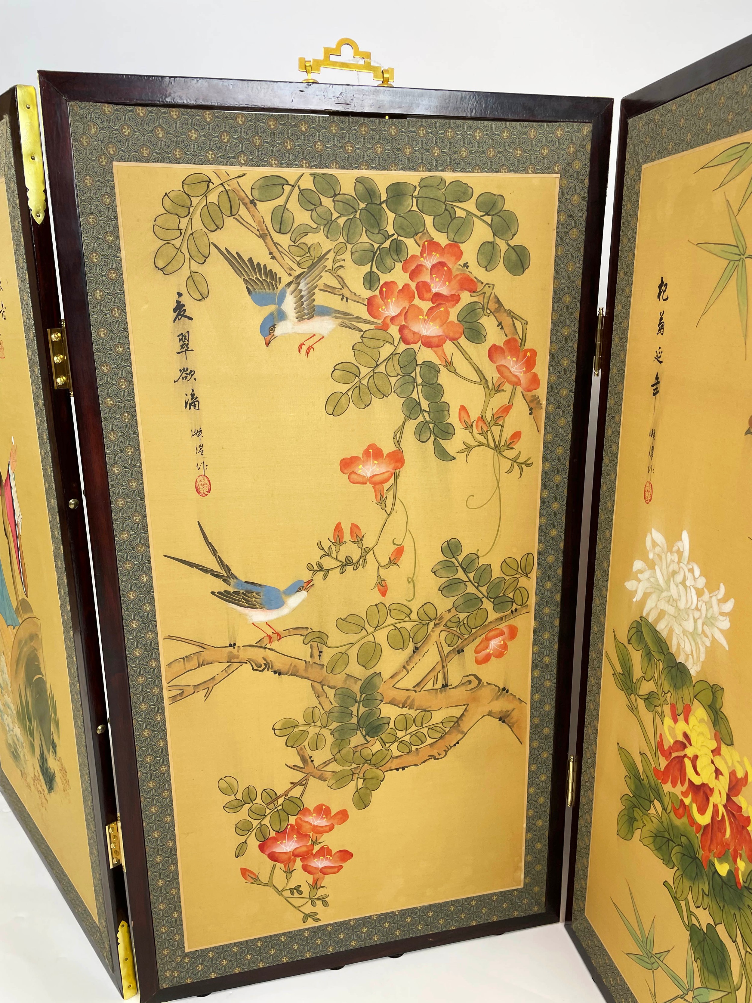 FOUR FOLD CHINESE SCREEN, handpainted on silk with figures bamboo and birds with two matching - Image 3 of 6