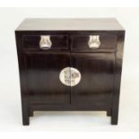 CHINESE CABINET, black lacquered and silvered metal mounted with two drawers and two doors, 86cm x
