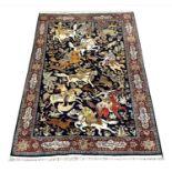 KASHMIR SILK HUNTING DESIGN RUG, 187cm x 122cm.