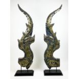 CHOFAS, a pair, Southeast Asian carved wood with mirrored mosaic decoration, 160cm H. (2)