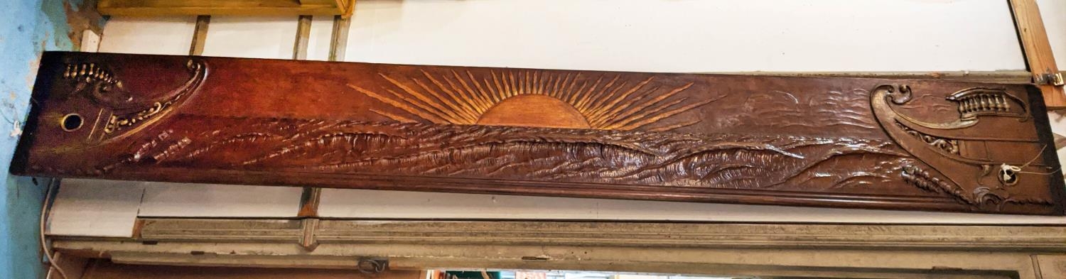 CARVED WOOD PANEL 43cm H x 295cm L, oak, early 20th century, depicting two ships, a rolling sea