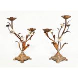 FLOWER CANDLESTICKS, a pair, Italian style cast bronzed metal with ceramic flower heads, 40cm H. (2)
