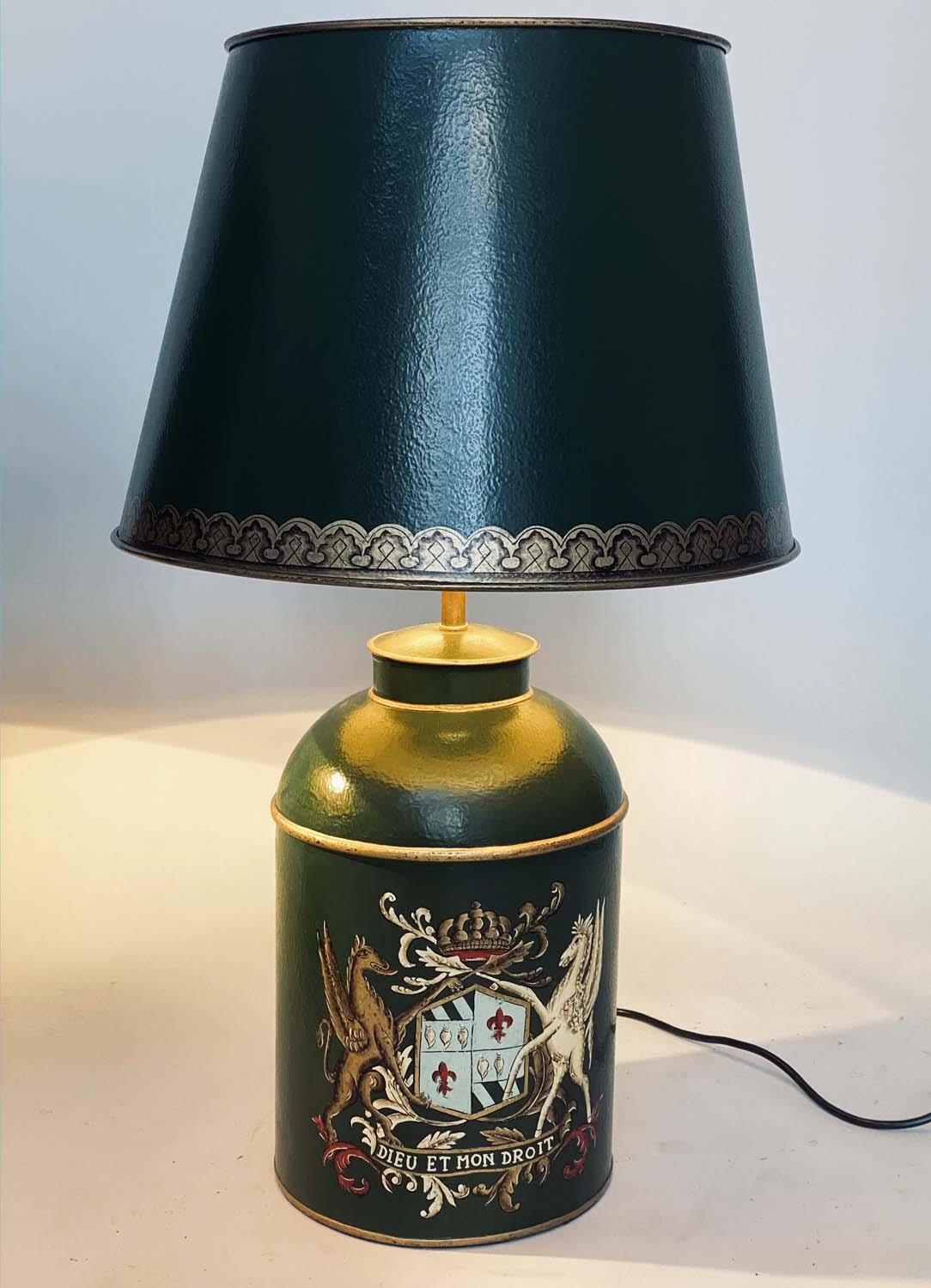 CANISTER LAMPS, a pair, antique style toleware, tea canister form each with royal coat of arms and - Image 5 of 5